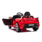 A rear view of the Freddo 12V Porsche Carrera GT 1 Seater Ride-On in red is displayed, with the driver’s side door open to highlight the detailed wheels and lights. This motorized ride-on car features realistic styling and can be driven by children or safely steered using a parental remote control.