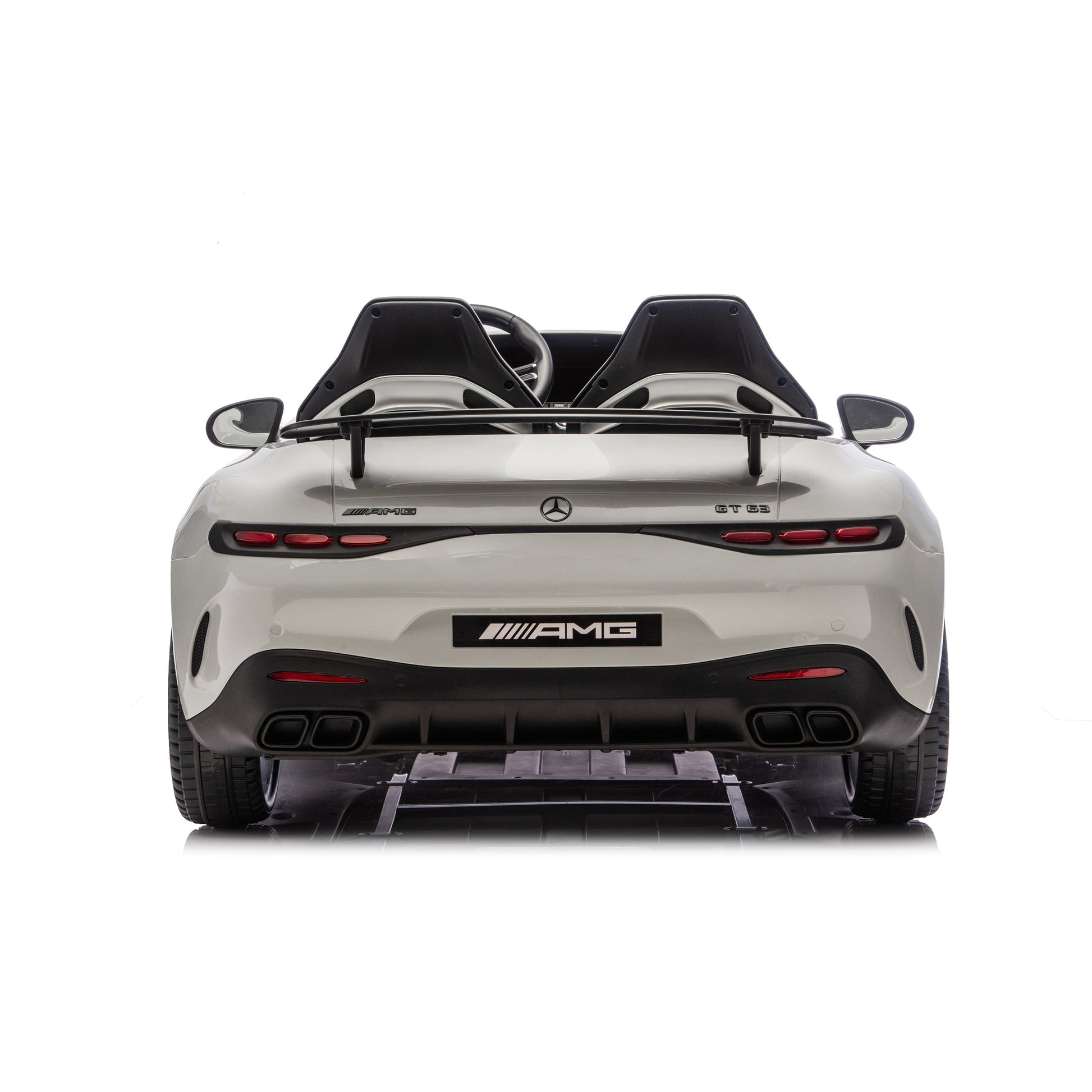 The Freddo 24V Mercedes AMG GT63 Gray 2 Seater Ride-On is shown from the rear, displaying its dual seats, distinctive taillights, quad exhausts, and authentic AMG branding against a white background—this ride-on car captures the sleek design of the legendary Mercedes AMG GT63 for young drivers.