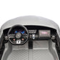 Top-down view of a modern Mercedes-Benz dashboard, featuring the steering wheel, digital displays, air vents, and control buttons with a sleek, minimalist interior design—just like in the impressive 24V Mercedes AMG GT63 Gray 2 Seater Ride-On by Freddo.