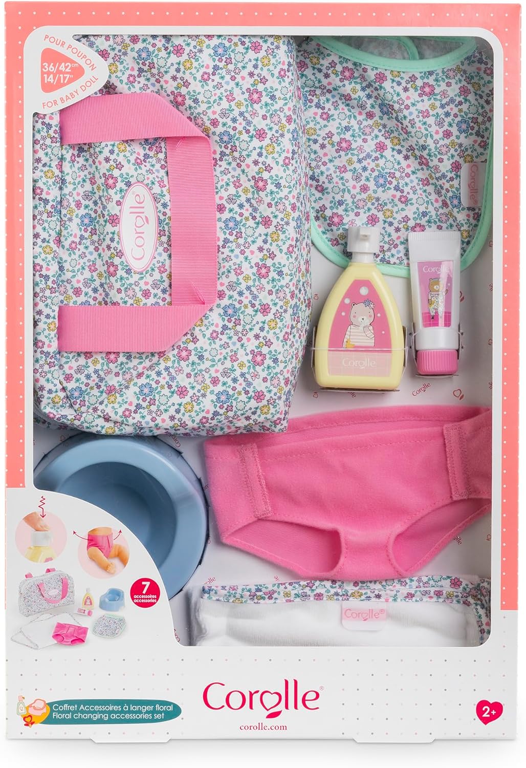 The Corolle Floral Changing Accessories Set includes a floral bag, bib, bottle, tube, underwear, bowl, and printed cloth—perfect for children aged 2 and up.
