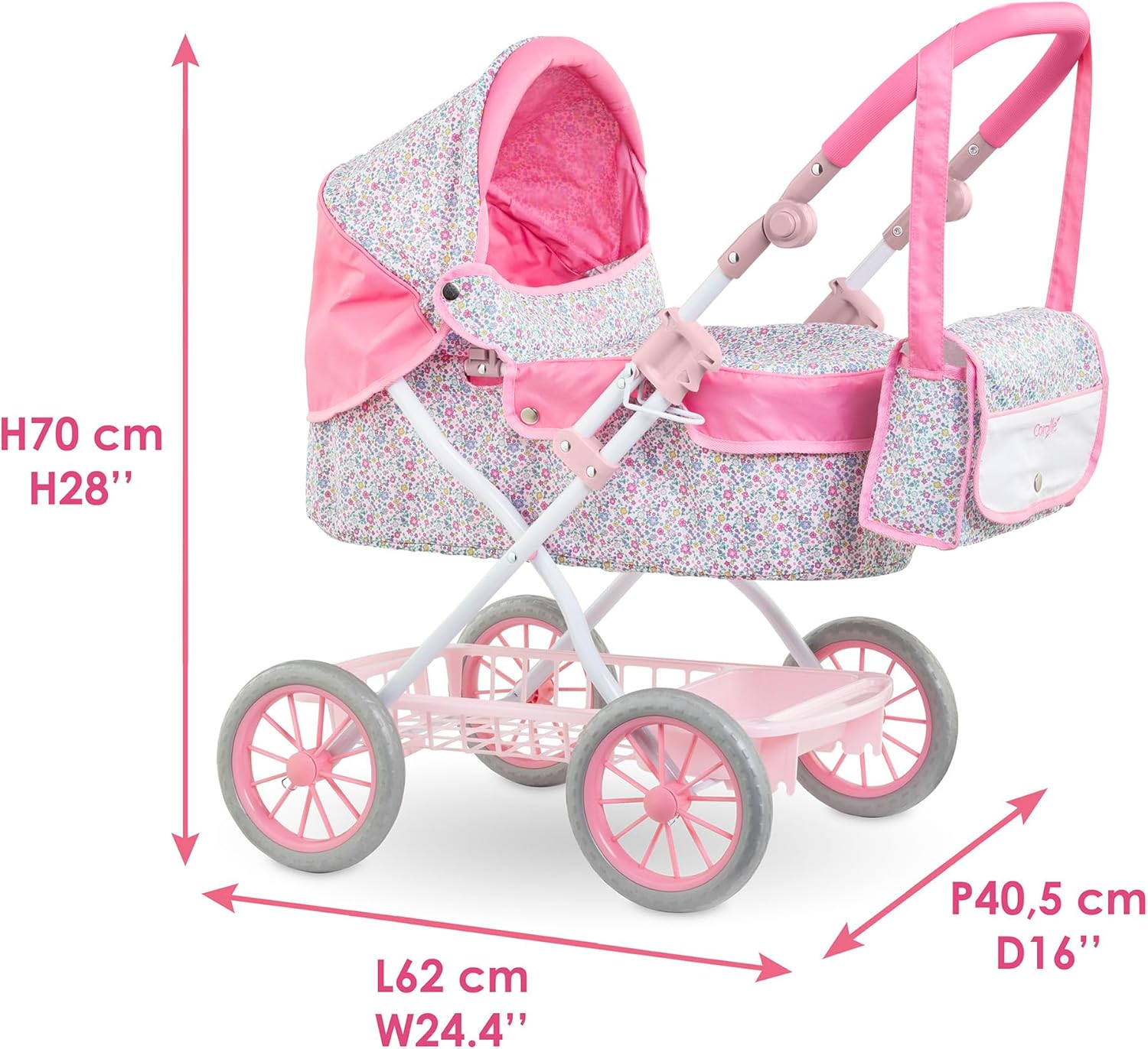 The Corolle Carriage - Bright Pink Floral features pink and white floral designs, a matching bag, large wheels, and adjustable handle. Dimensions: 70x62x40.5 cm—ideal as a stylish baby doll stroller for children.