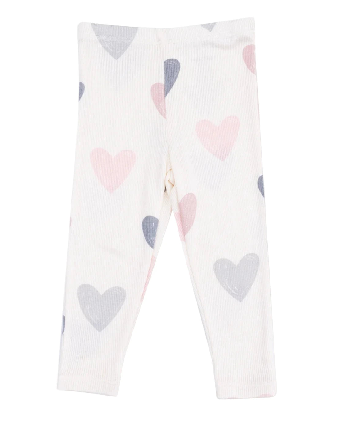 Angel Dear French Terry Puffy Long Sleeved Oversized Sweatshirt + Legging set features white ribbed leggings with pink and gray heart patterns—ideal for a cozy look with the matching oversized sweatshirt.