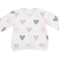 The Angel Dear French Terry Puffy Long Sleeved Oversized Sweatshirt + Legging set features a white sweatshirt with pink and gray heart patterns, paired with cozy ribbed leggings—ideal for a comfortable and stylish look.