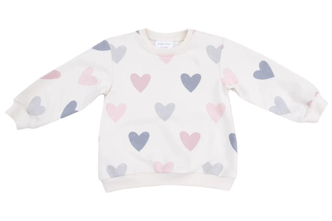 The Angel Dear French Terry Puffy Long Sleeved Oversized Sweatshirt + Legging set features a white sweatshirt with pink and gray heart patterns, paired with cozy ribbed leggings—ideal for a comfortable and stylish look.