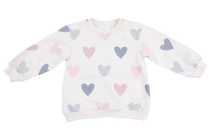The Angel Dear French Terry Puffy Long Sleeved Oversized Sweatshirt + Legging set features a white sweatshirt with pink and gray heart patterns, paired with cozy ribbed leggings—ideal for a comfortable and stylish look.