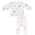 The Angel Dear French Terry Puffy Long Sleeved Oversized Sweatshirt + Legging set features cozy comfort, with a white base and pink, gray, and purple heart patterns—perfect for bedtime.