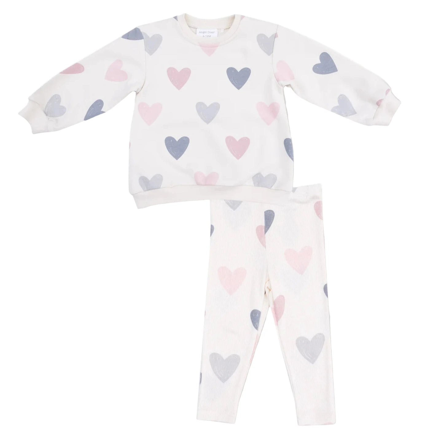 The Angel Dear French Terry Puffy Long Sleeved Oversized Sweatshirt + Legging set features cozy comfort, with a white base and pink, gray, and purple heart patterns—perfect for bedtime.