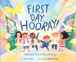 Five children with backpacks walk out open school doors, surrounded by colorful butterflies and music notes, celebrating the first day of school. This cheerful picture book from Harper Collins captures children’s feelings about the start of a new school year with joyful illustrations. Text reads: “First Day, Hooray!”.