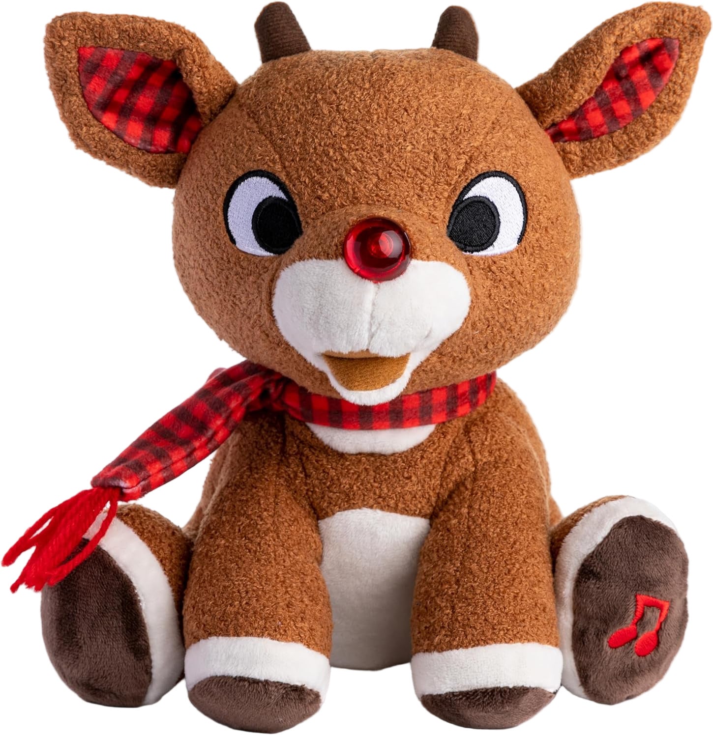 The Kids Preferred Rudolph Plush with Music and Lights features a red nose, plaid scarf, and musical foot embroidery. This Christmas classic sits upright against a white background.