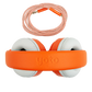 Introducing the Yoto, Headphones Orange by Yoto: orange and white over-ear headphones with the word "yoto" on the adjustable headband. An orange braided audio cable with gold connectors is shown above the headphones. The lightweight, durable construction includes kid-safe volume limiting for safe listening.
