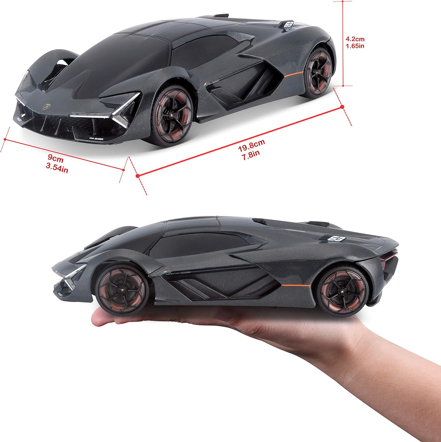The Maisto R/C 1:24 Lamborghini Terzo Millennio, a black toy sports car model, is shown with measurements of 19.8 cm in length, 9 cm in width, and 4.2 cm in height. One image features the compact Maisto vehicle resting on a person’s hand for scale, highlighting the sleek design and detailed styling of this impressive radio control car.