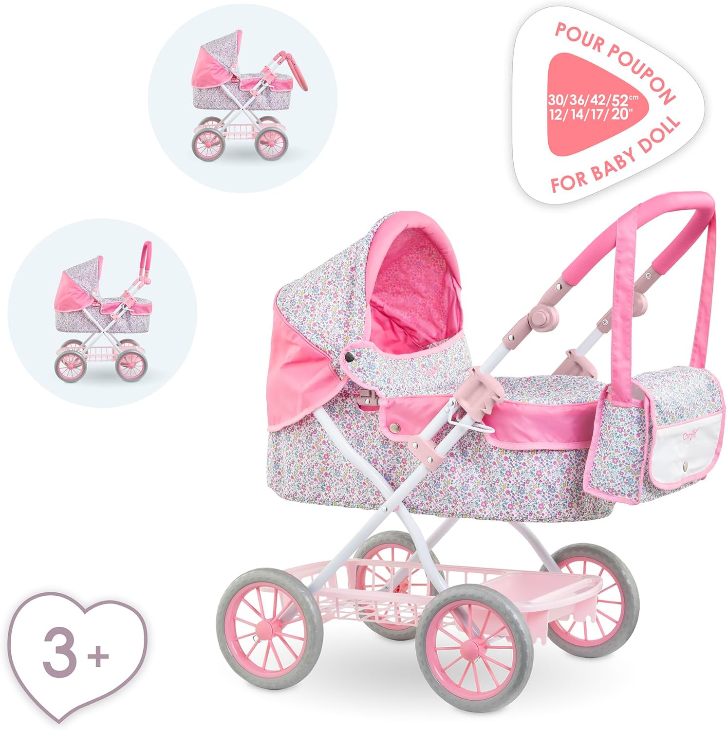 The Corolle Carriage - Bright Pink Floral is a stylish baby doll stroller with a matching bag, adjustable canopy, and height-adjustable handlebar—ideal for children ages 3 and up.