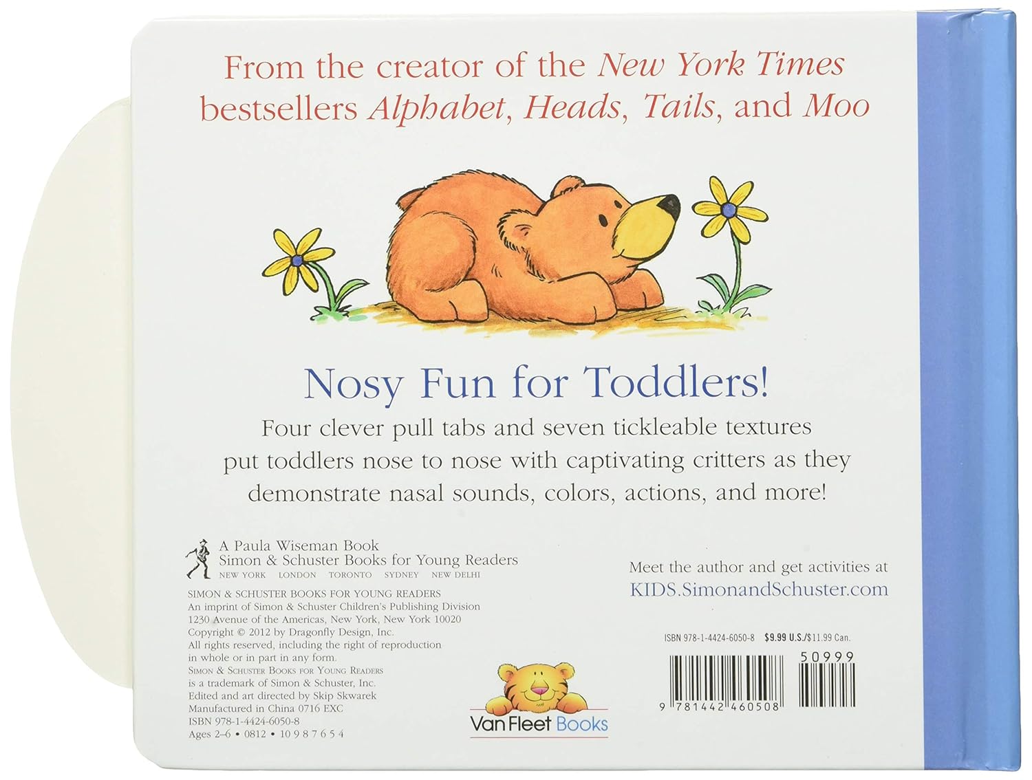 Back cover of Van Fleet Sniff! Lick! Munch! (Boxed Set) by Matthew Van Fleet, from Simon & Schuster—features playful, sensory elements for toddlers and fans of interactive board books. Brown bear illustration with yellow flower included.