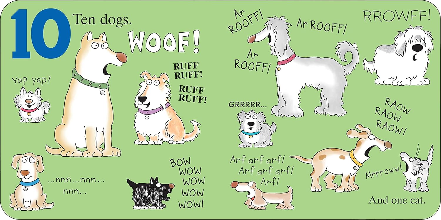The illustration for "Doggies" by Sandra Boynton (Simon & Schuster) shows ten dogs of different breeds and one cat making various sounds, all set on a green background with text describing their noises.