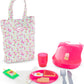 The Large Mealtime Set by Corolle includes a floral tote, pink cup, divided plate with toy food, utensils, napkin, food pouch, and booster seat—ideal accessories for My Big Doll's complete Meal Box experience.