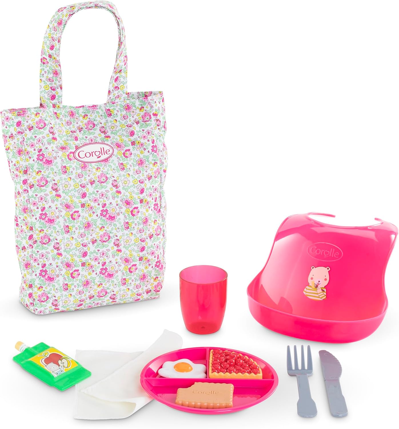 The Large Mealtime Set by Corolle includes a floral tote, pink cup, divided plate with toy food, utensils, napkin, food pouch, and booster seat—ideal accessories for My Big Doll's complete Meal Box experience.