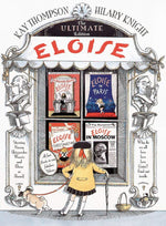Illustration of a girl in a yellow coat gazing at a bookstore window displaying "Eloise - The Ultimate Edition" by Simon & Schuster, featuring covers from the beloved children’s series set in The Plaza Hotel.