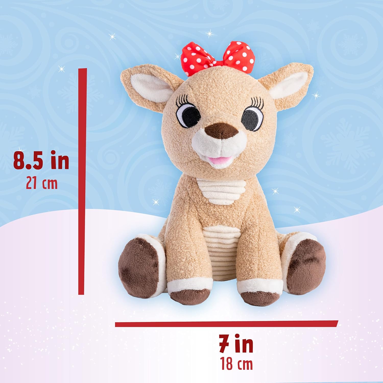 The Clarice Plush by Kids Preferred measures 8.5" tall and 7" wide, features a red bow, and is set against a blue winter background—perfect for Rudolph fans.