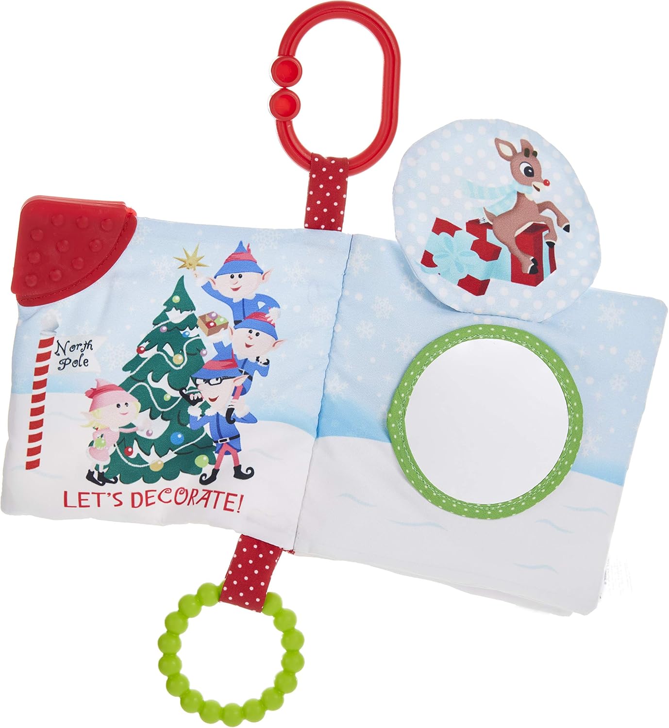 The Kids Preferred Rudolph Soft Book is a sensory baby activity toy featuring elves decorating a Christmas tree, a red teether, green ring, mirror, and reindeer illustration on a snowy background.