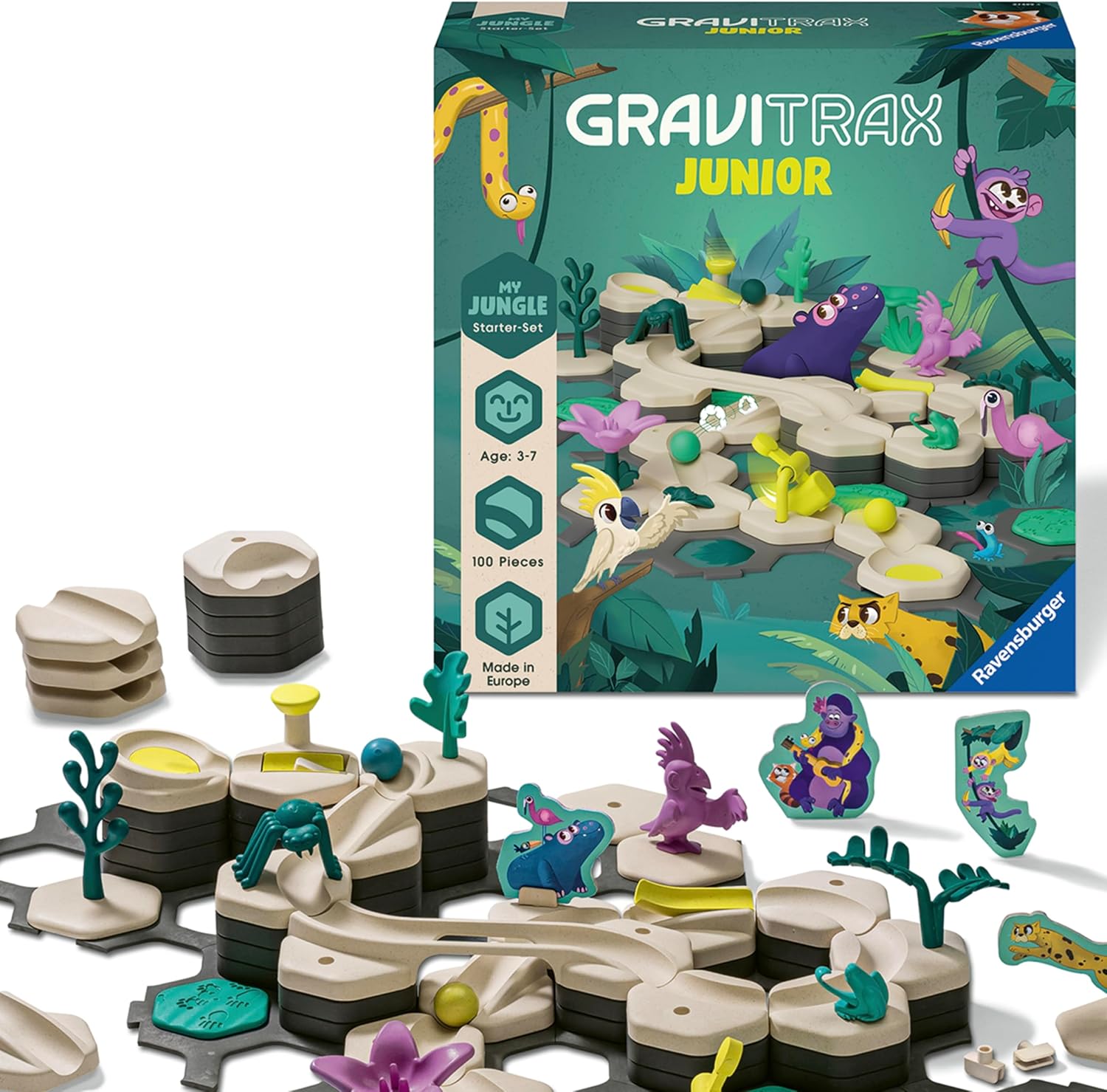 GraviTrax Junior: My Jungle Starter Set by GraviTrax, with animal figures, marbles, and hexagonal tiles shown assembled—an engaging STEM educational toy for young builders displayed on a white background.