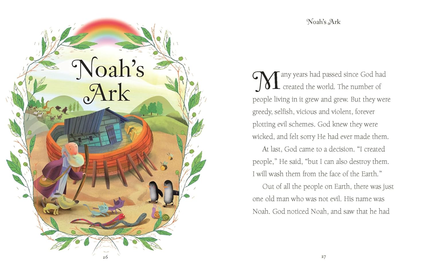 Illustrated Bible Stories by Harper Collins features Noah's Ark with lions, elephants, penguins, and engaging story text—ideal for children's Bible books or fans of illustrated Bible stories.