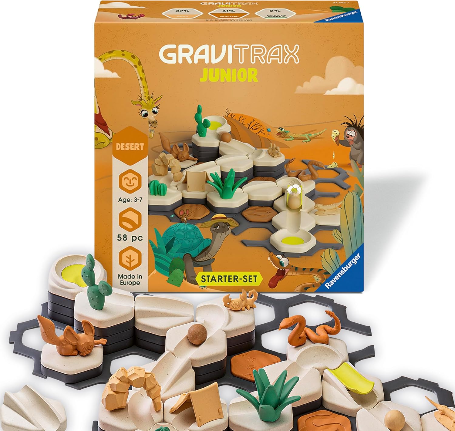 The GraviTrax Junior: Desert Starter Set by GraviTrax is a STEM toy for ages 3-7, featuring desert-themed tracks, animals, plants, and marbles.