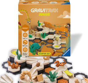 The GraviTrax Junior: Desert Starter Set by GraviTrax is a STEM toy for ages 3-7, featuring desert-themed tracks, animals, plants, and marbles.