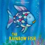 Colorful cover of the award-winning children's book "Rainbow Fish" by Simon & Schuster, featuring a blue fish with shiny, multicolored scales swimming underwater.