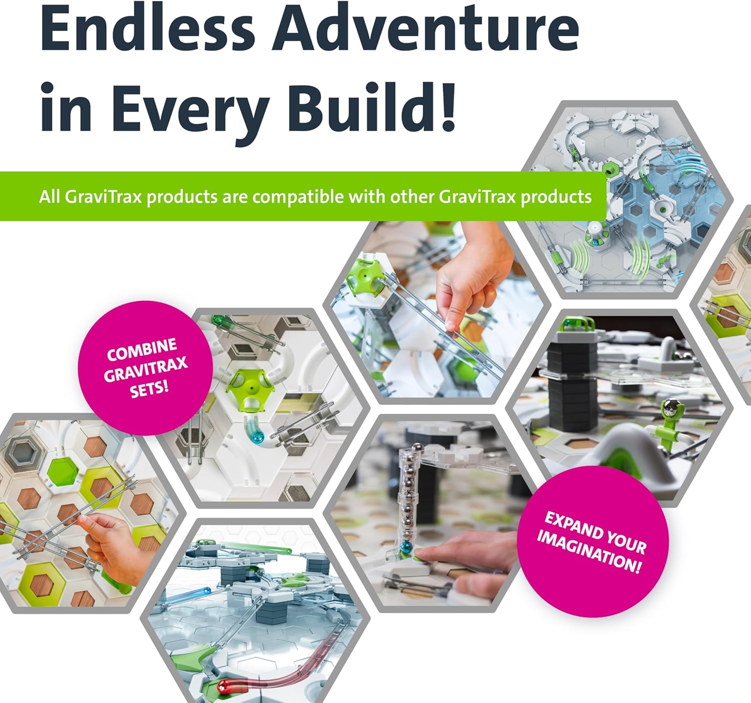 GraviTrax: Starter Set by GraviTrax features creative marble runs in hexagonal frames, highlighting STEM learning, versatile accessories, compatibility with other sets, and endless build possibilities.