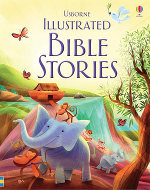 A colorful illustration of animals—like elephants, monkeys, and birds—by a river and ark, with "Illustrated Bible Stories" by Harper Collins on the cover, ideal for anyone looking for engaging children’s Bible tales.