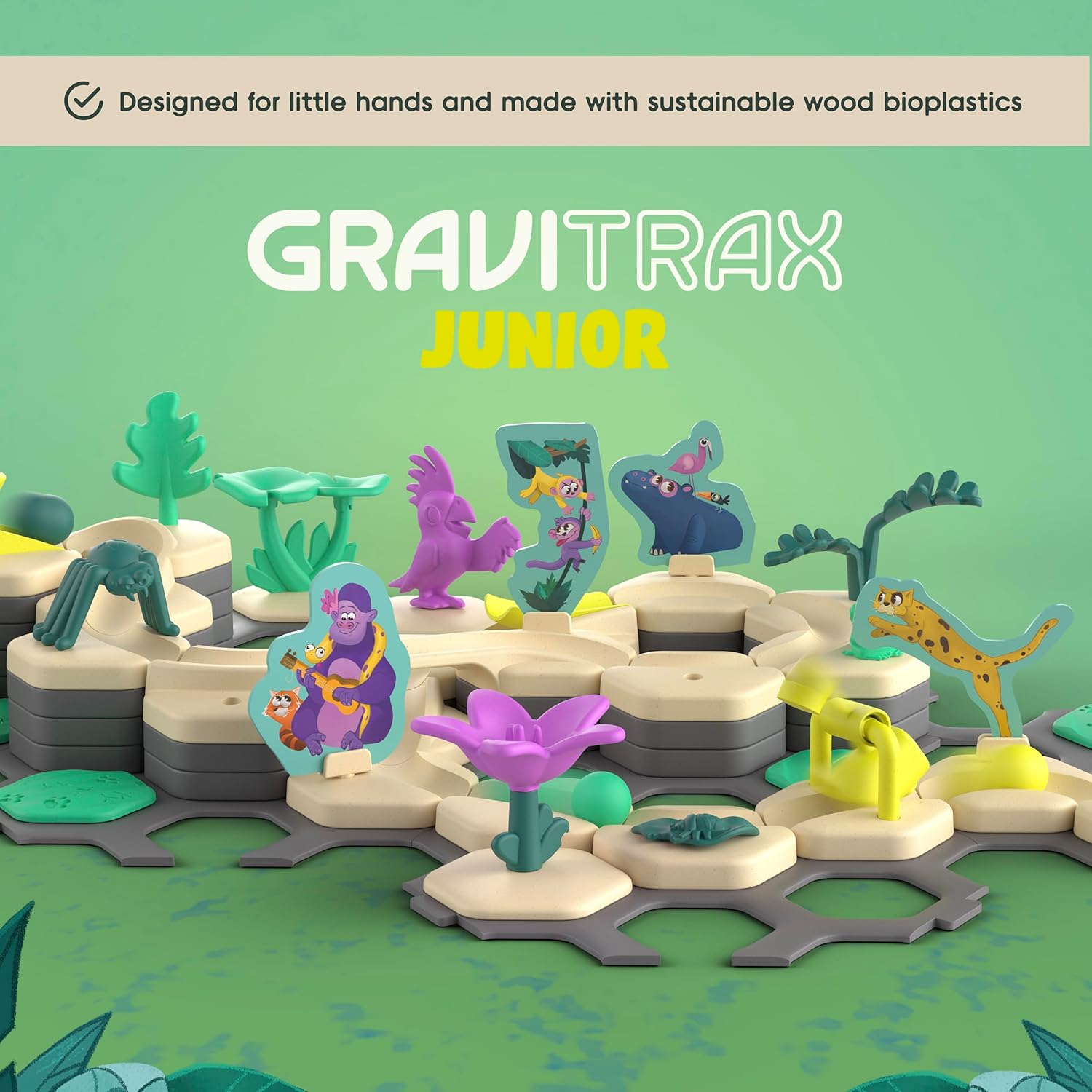 The GraviTrax Junior: My Jungle Starter Set by GraviTrax is a STEM toy with animal and plant figures on hexagonal tiles, made from sustainable wood bioplastics and designed for small hands.