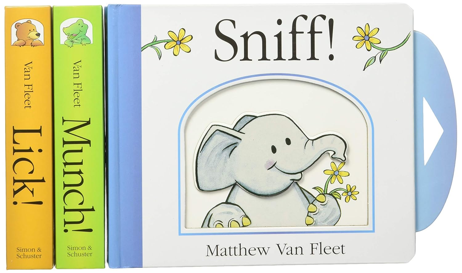 The Van Fleet Sniff! Lick! Munch! Boxed Set by Matthew Van Fleet from Simon & Schuster features three interactive board books—ideal for toddlers.