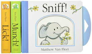 The Van Fleet Sniff! Lick! Munch! Boxed Set by Matthew Van Fleet from Simon & Schuster features three interactive board books—ideal for toddlers.