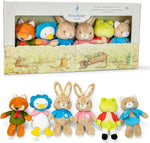 The Kids Preferred Beatrix Potter Classic Character 6 Piece Gift Set features plush toys of a fox, duck, two rabbits, frog, and cat—great for kids’ gifts—shown both inside the box and arranged in front of it.