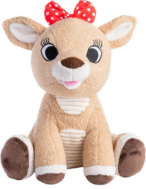 The Kids Preferred Clarice Plush features a red polka dot bow, large embroidered eyes, and soft brown and white fur, sitting upright and ready to join Rudolph for festive holiday fun.