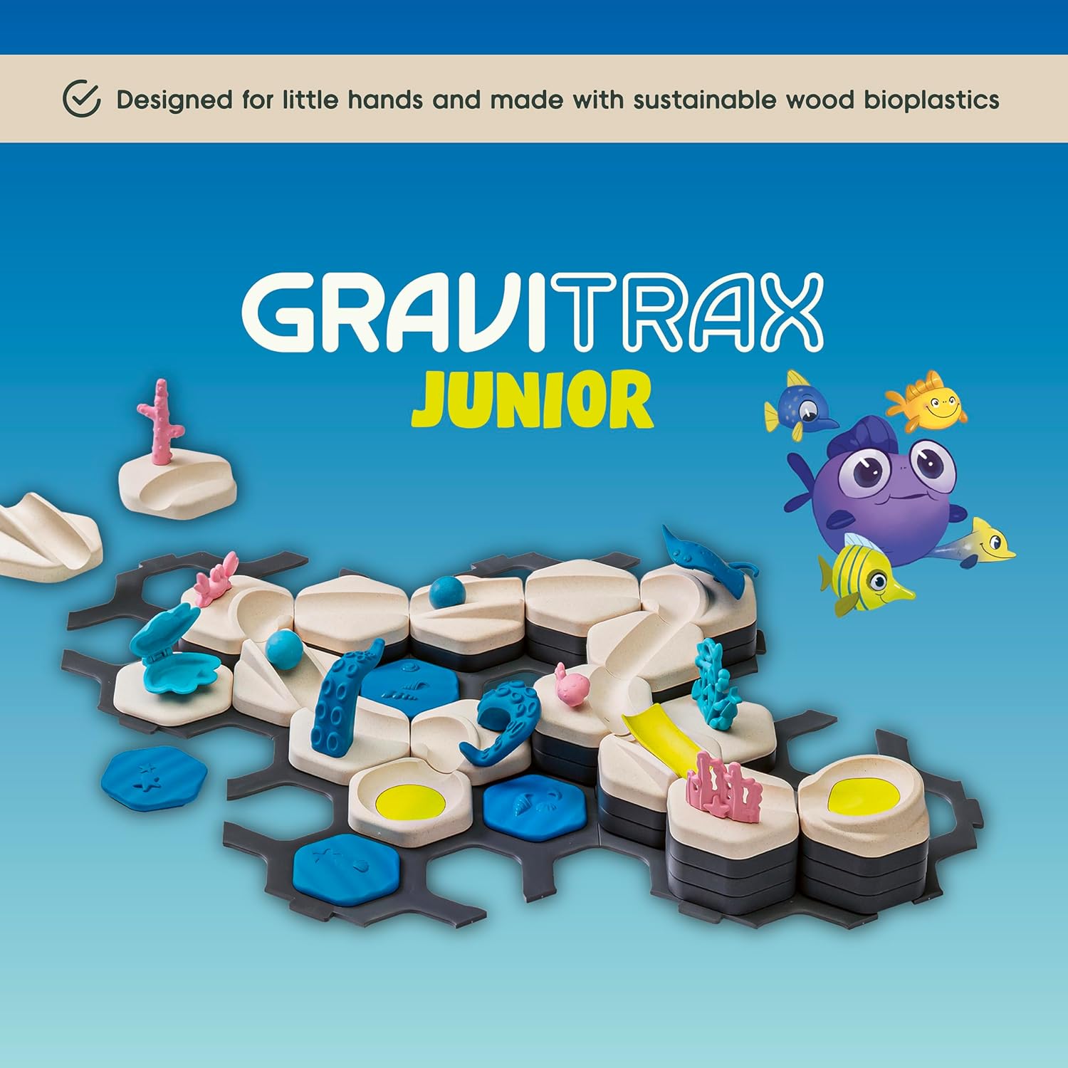 GraviTrax Junior: Ocean Starter Set by GraviTrax is a STEM marble run with ocean-themed pieces and cartoon sea creatures, shown on a blue gradient background.