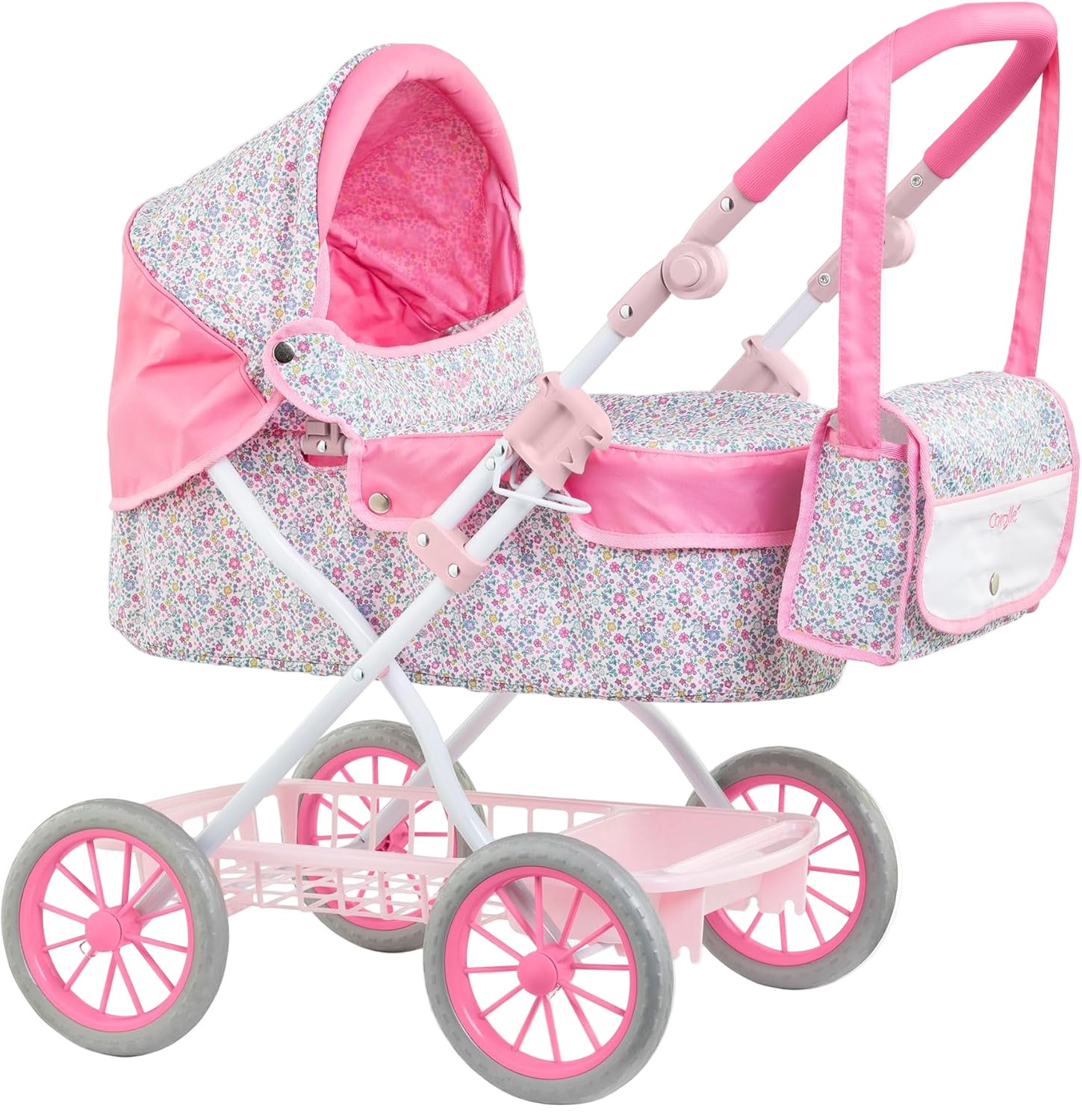 The Corolle Carriage - Bright Pink Floral is a pink and white floral baby doll stroller with an adjustable handlebar, four wheels, matching carrying bag, and canopy.