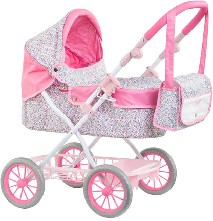 The Corolle Carriage - Bright Pink Floral is a pink and white floral baby doll stroller with an adjustable handlebar, four wheels, matching carrying bag, and canopy.