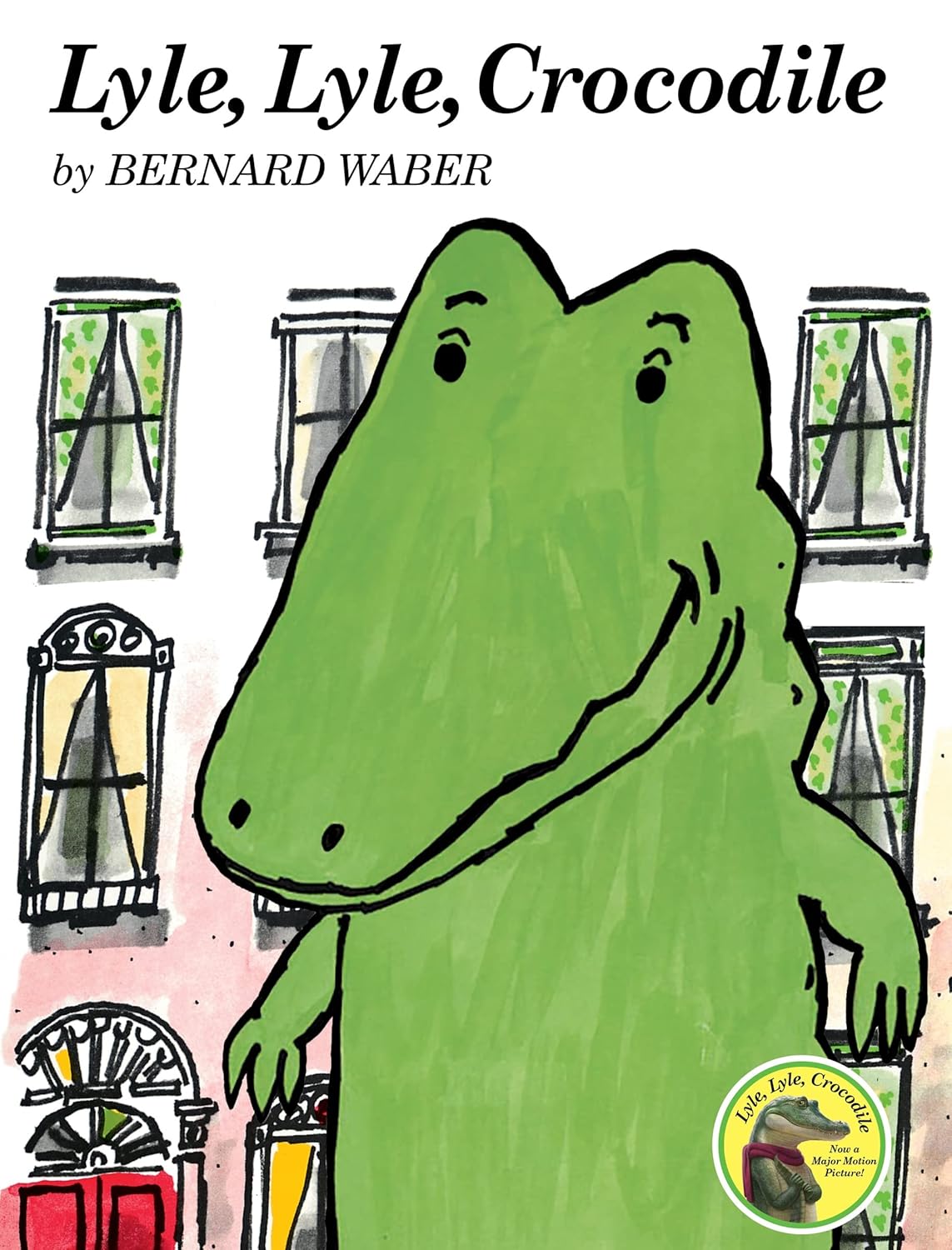 The cover of "Lyle, Lyle, Crocodile" by Harper Collins shows cheerful Lyle the Crocodile in front of city windows—a timeless children's book and read-aloud favorite for families.
