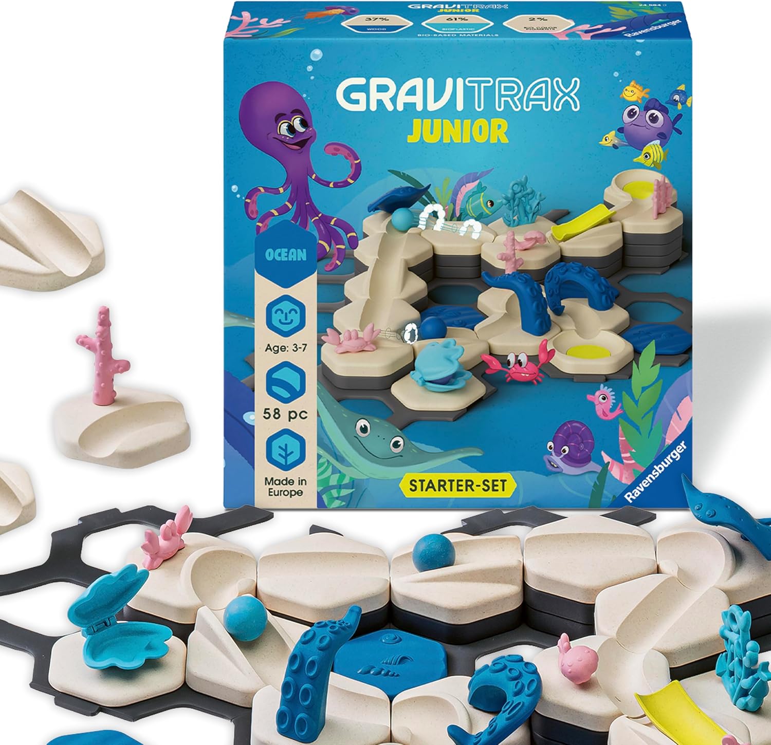 The GraviTrax Junior: Ocean Starter Set by GraviTrax includes ocean-themed marble run parts, animals, and coral decorations; perfect for ages 3-7 as a fun STEM educational toy.