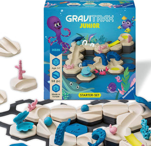 The GraviTrax Junior: Ocean Starter Set by GraviTrax includes ocean-themed marble run parts, animals, and coral decorations; perfect for ages 3-7 as a fun STEM educational toy.