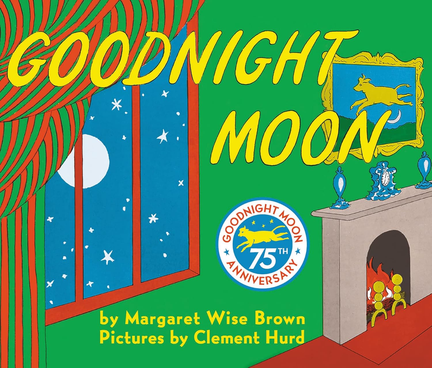 Cover of the Goodnight Moon Board Book by Harper Collins, featuring a window with the moon, a cozy fireplace, and a framed picture of a rabbit above the mantle.