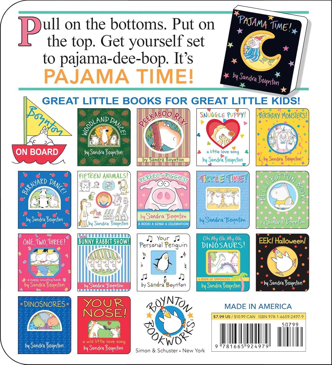 The back cover features 15 colorful Sandra Boynton board books from Simon & Schuster in a lively grid, with a playful headline inviting children to snuggle up with Pajama Time! (Boynton on Board) for the perfect bedtime adventure.
