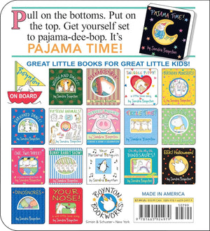 The back cover features 15 colorful Sandra Boynton board books from Simon & Schuster in a lively grid, with a playful headline inviting children to snuggle up with Pajama Time! (Boynton on Board) for the perfect bedtime adventure.
