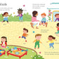 Children play outside in a park, enjoying games like hopscotch and drawing—just like the fun pen control activities and puzzles found in Harper Collins’ Wipe-Clean Starting School Activities book.