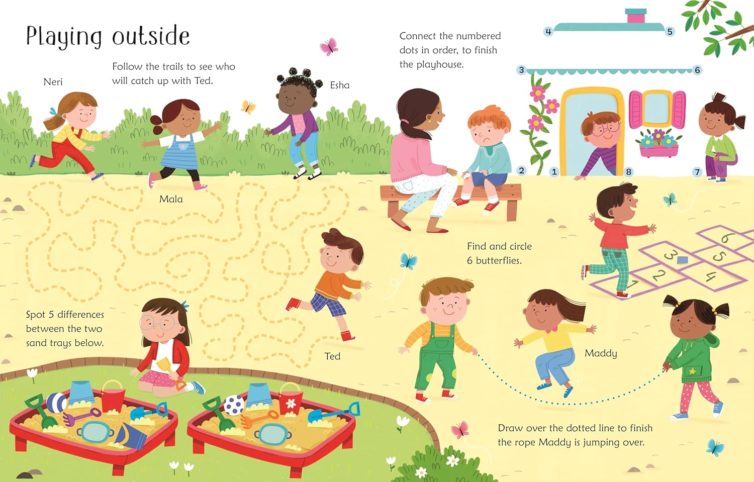 Children play outside in a park, enjoying games like hopscotch and drawing—just like the fun pen control activities and puzzles found in Harper Collins’ Wipe-Clean Starting School Activities book.