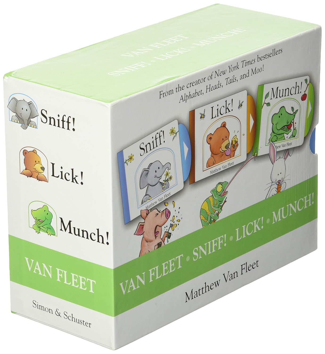 The Van Fleet Sniff! Lick! Munch! (Boxed Set) by Matthew Van Fleet includes interactive board books with adorable animal art, published by Simon & Schuster.