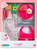 The Corolle Large Mealtime Set includes toy food, utensils, a floral apron, bib, and drink cup in a box—great for kids ages 2+ and perfect for any big dolls accessories collection.