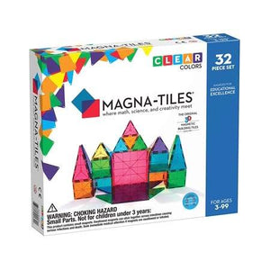 Image of a MAGNA-TILES® Clear Colors 32-Piece Set box by Magnatiles. Features colorful, durable magnetic tiles for building structures. Not for children under 3 years due to small parts choking hazard. Suitable for ages 3-99.