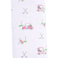 The Angel Dear Baby Golf Carts Ruffle Blanket features playful pink and green golf carts, clubs, flags, and bags on white fabric—perfect as a bamboo baby blanket or ruffle receiving blanket for little golf fans.